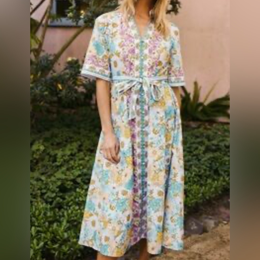 Hermoza Floral Maxi Dress with Blue and Yellow Accents, L, NWOT.